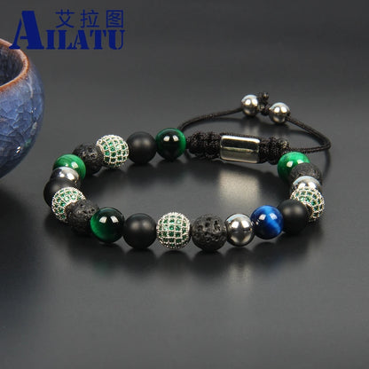 Ailatu 10 Pieces Brand New Green Cz Macrame Bracelet Men Natural Tiger Eye Stone Jewelry Stainless Steel Logo Beads Top Quality