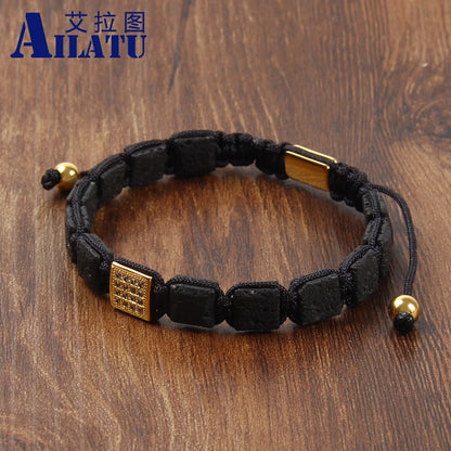 Ailatu 8x8mm Square Lava Rock Stone Braided Bracelet Stainless Steel Jewelry Free Logo Service