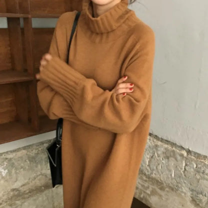 Women Autumn Winter thick Turtleneck long Sweater Dress ladies Long Sleeve straight split Knitted pullover dresses solid color