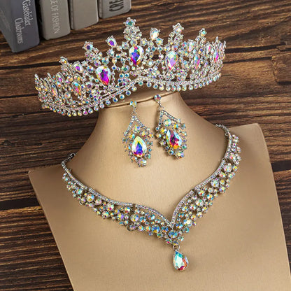 KMVEXO Gorgeous Crystal AB Bridal Jewelry Sets Fashion Tiaras Earrings Necklaces Set for Women Wedding Dress Crown Jewelry Set