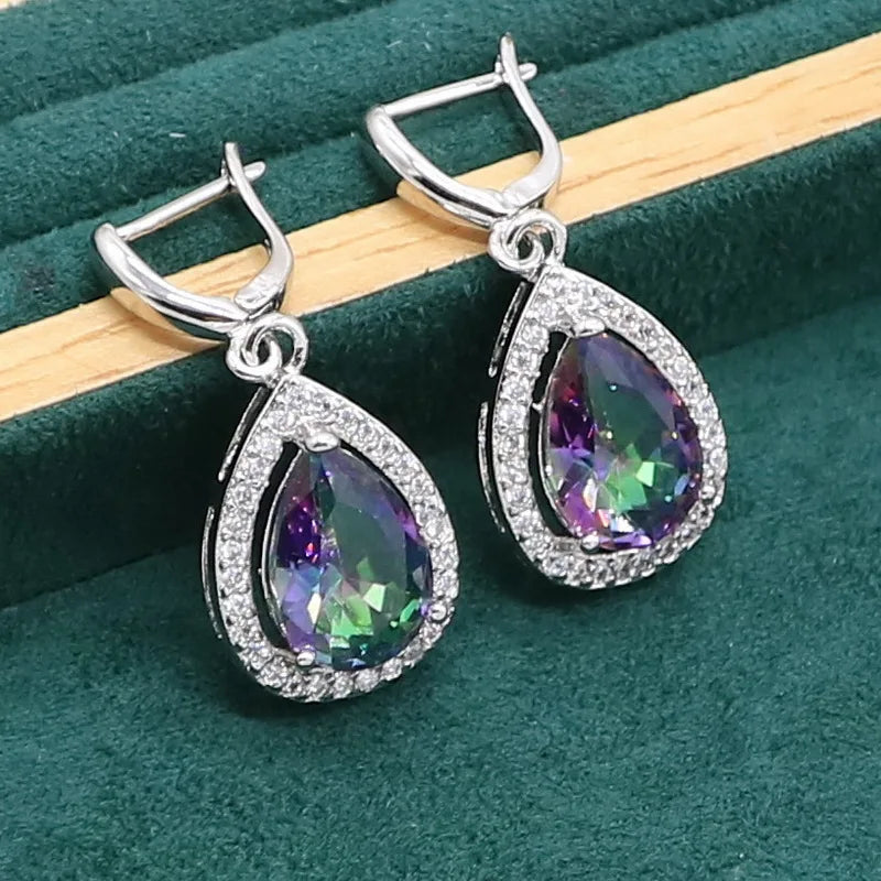 Water Drop  Rainbow Topaz 925 Silver Wedding Jewelry set for Women Party Bracelet Earrings Necklace pendant Ring