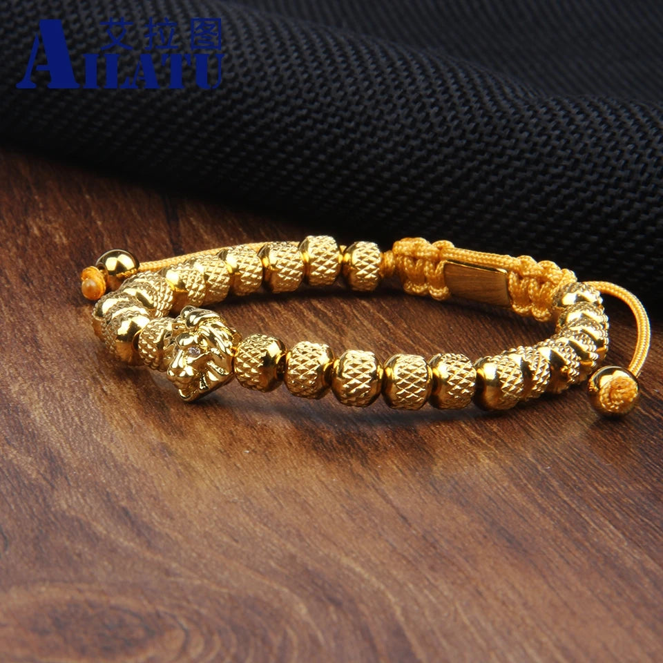 Pulsera de cabeza de león Ailatu con cuentas de acero inoxidable reticuladas, cadena de cuerda de lujo de 6 mm para hombres, regalo hecho a mano, nuevo regalo