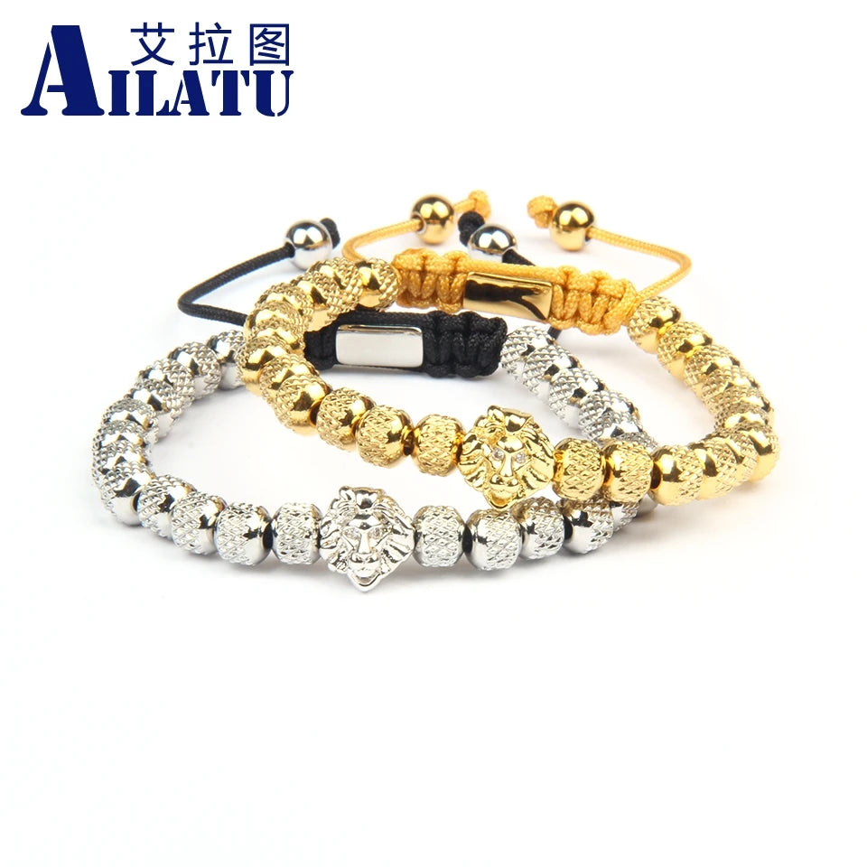 Ailatu Lion Head Bracelet Reticulated Stainless Steel Beads Luxury 6mm Men Rope Chain Fashion New Hand-Made Present, Gift,