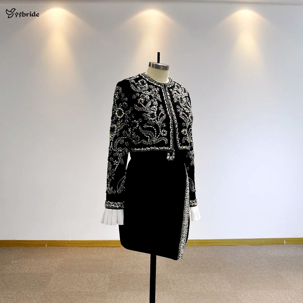 Vestido negro corto más nuevo de YYbride, cuello redondo, mangas largas, chaqueta con abalorios, servicio personalizado, elegante falda formal de noche para damas