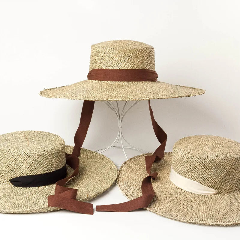 Nouveaux chapeaux de cowboy en paille à large bord plats faits à la main pour femmes, chapeau personnalisé d'été pour voyage en plein air, chapeau pare-soleil de luxe pour la plage