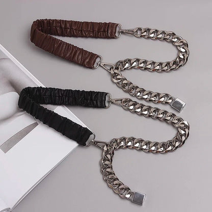 Elastic Leather Silver Chain Belt Ladies Dress Stretch Cummerbunds Female Coat Corset Long Big Waistband Belts For women Strap