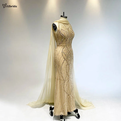 YYbride Robe de soirée sirène luxueuse en cristaux dorés avec écharpe bouffante Jupe champagne Robe de soirée longue pour femmes à succès