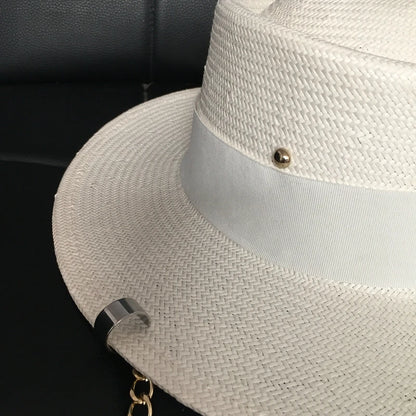 2021 new arrival Women's summer hat with chain and pin  white straw women's cap female