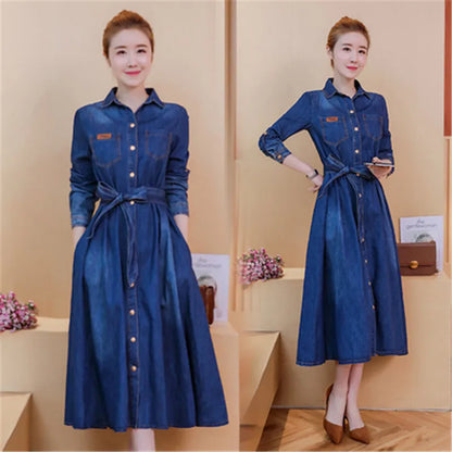 Robe en jean mi-longue à manches longues et revers en forme de A pour femme, nouvelle version coréenne de style printemps et automne