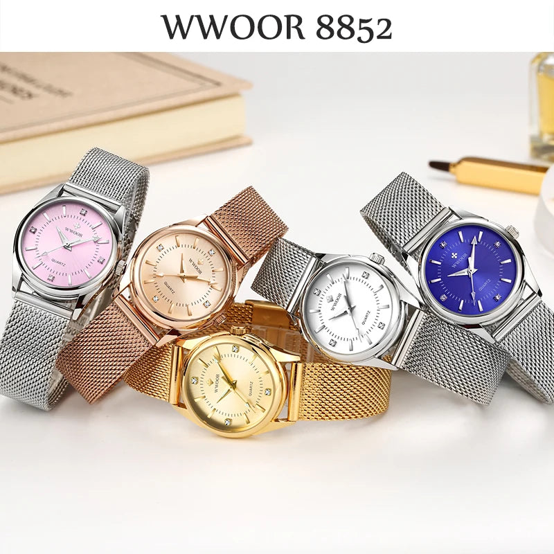 WWOOR Montre de luxe en or pour femme, élégante, petite montre-bracelet à quartz avec diamants, en maille d'acier, pour femme