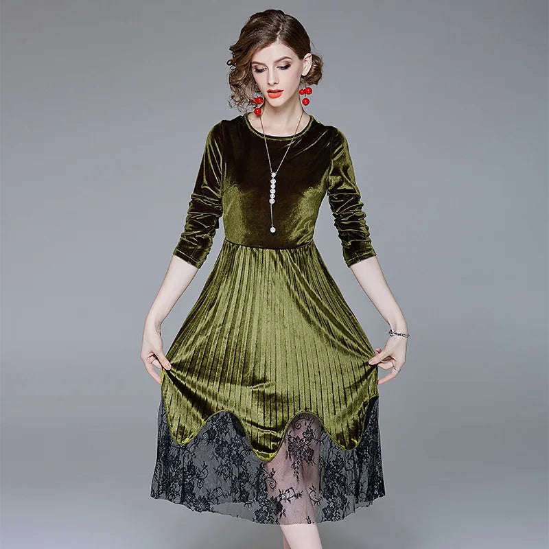 2023 autumn new velvet pleated lace long dress fit and flare Wrist sleeve Mid-Calf with lace O-Neck Dresses