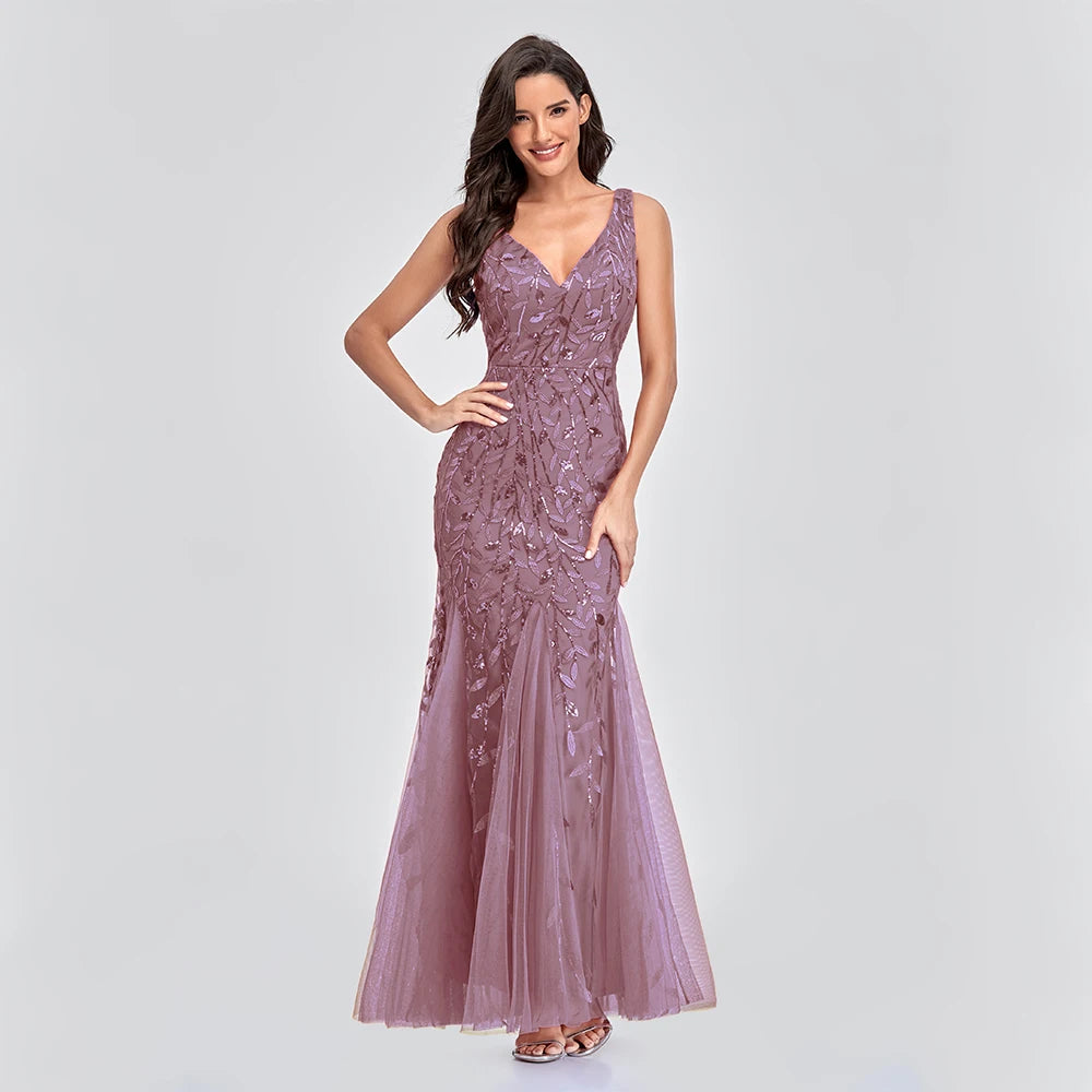 Vestidos de cóctel con escote en V sin mangas de tul y lentejuelas, vestidos de fiesta de sirena con espalda en V, vestidos de fiesta formales para mujer, vestidos de túnica bordados