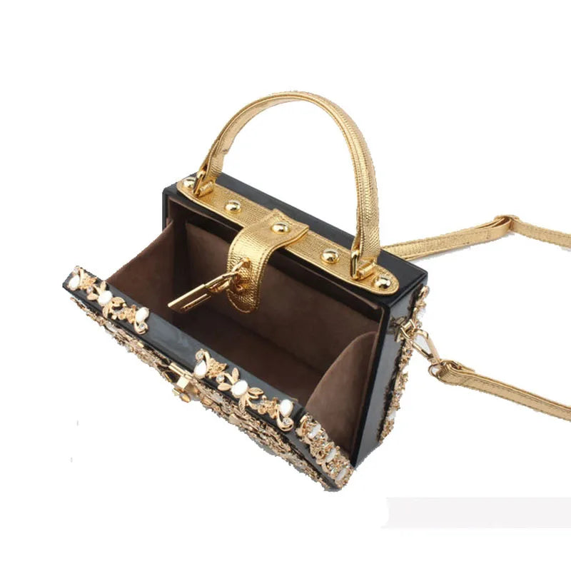 Acrylic Purses And Handbags Black Evening Clutch Bags For Wedding Party Ladies Metal Hollow Hangbag Shoulder Crossbody Gold Bag