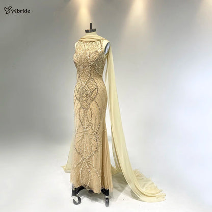 YYbride Robe de soirée sirène luxueuse en cristaux dorés avec écharpe bouffante Jupe champagne Robe de soirée longue pour femmes à succès