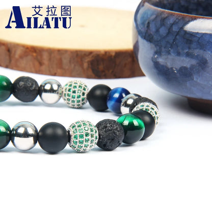 Ailatu 10 Pieces Brand New Green Cz Macrame Bracelet Men Natural Tiger Eye Stone Jewelry Stainless Steel Logo Beads Top Quality