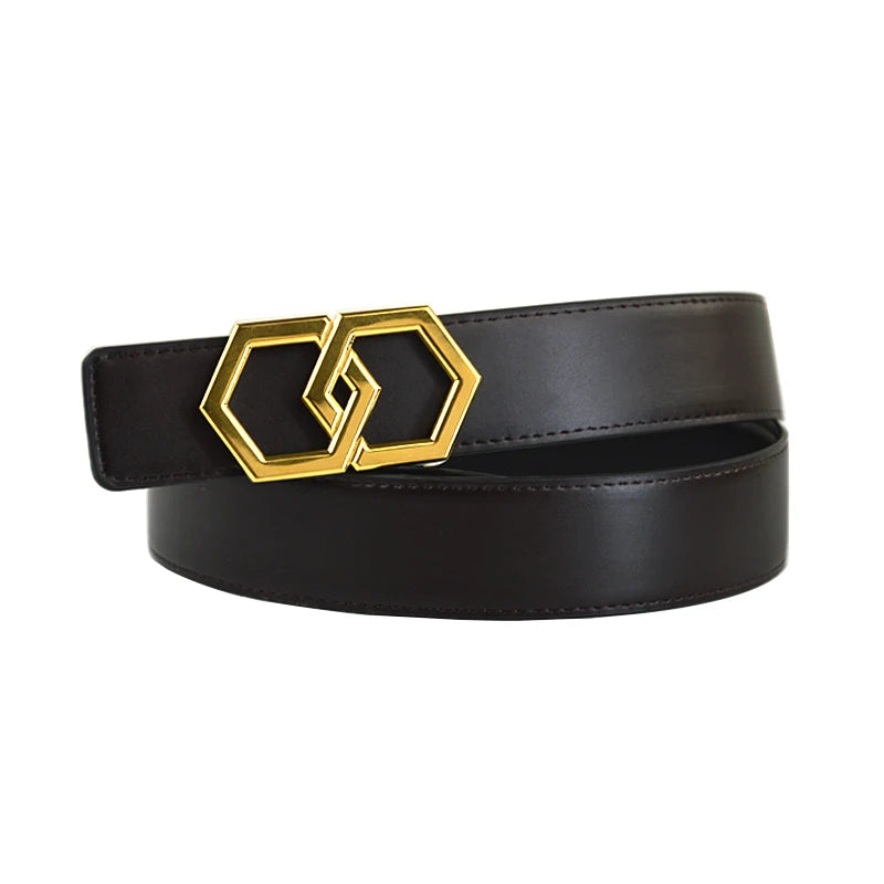 Men Luxury Belt High Quality Genuine Leather Waist Belt Stainless Steel Hexagon Buckle  ремни Gold Casual Jeans Luxury Brand