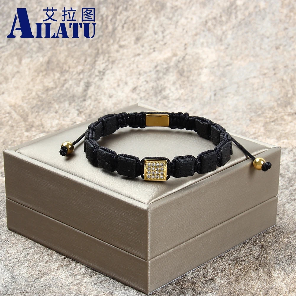 Ailatu 8x8mm Square Lava Rock Stone Braided Bracelet Stainless Steel Jewelry Free Logo Service