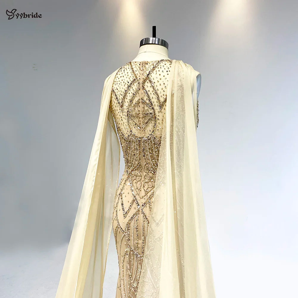 YYbride Robe de soirée sirène luxueuse en cristaux dorés avec écharpe bouffante Jupe champagne Robe de soirée longue pour femmes à succès