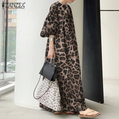 ZANZEA Vestido largo con estampado de leopardo para mujer, moda 2024, vacaciones de primavera, manga abullonada, vestidos largos, informal, cuello en V, bata de gran tamaño