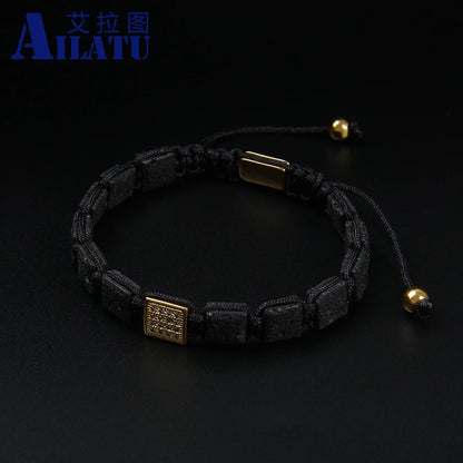 Pulsera trenzada de piedra de lava cuadrada de 8 x 8 mm de Ailatu, joyería de acero inoxidable, servicio de logotipo gratuito