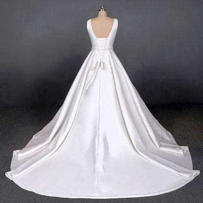 LSDZ16 White Simple Attractive O-Neck With Sleeveless Beading Sashes Wedding Dress 2020 A-Line Lace Up Back