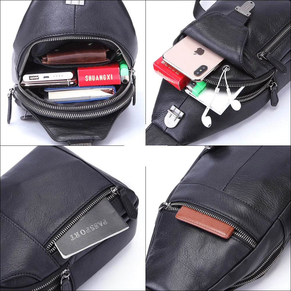 Bolso de pecho de piel de vaca de primera capa para hombre al aire libre Bolso de cuero envuelto con copia de cuero negro de gran venta de AliExpress