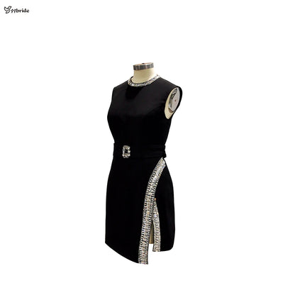 Vestido negro corto más nuevo de YYbride, cuello redondo, mangas largas, chaqueta con abalorios, servicio personalizado, elegante falda formal de noche para damas