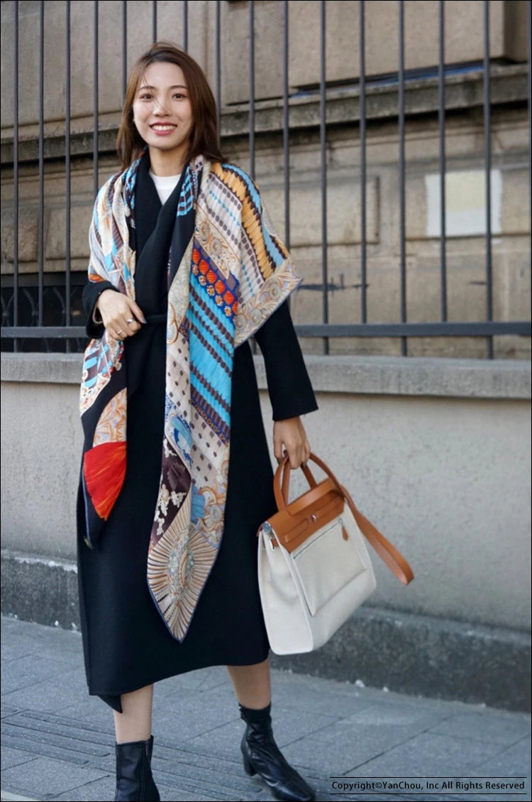 Bufanda de lana de seda samurái japonesa para mujer, chales de pashmina con bordes enrollados y dobladillo suave para invierno, manta gigante de 140 cm