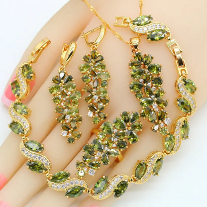 Conjuntos de joyas de lujo chapados en oro con peridoto verde para mujer, aretes, collar, colgante, anillo, pulsera, regalo de cumpleaños