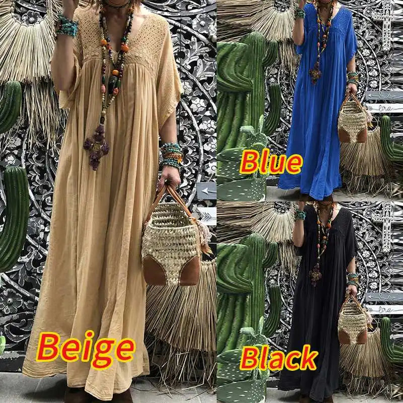 ZANZEA Maxi Robe Longue Bohème Femmes Dentelle Crochet Été Col V Manches Évasées Solide Robe D'été Caftan Fête Plage Robe Baggy