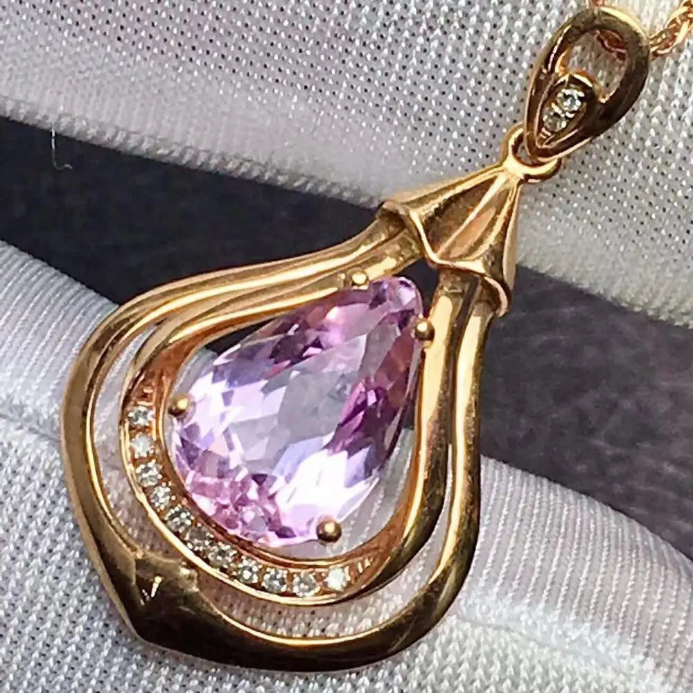 Bijoux fins en véritable or rose pur 18 carats, colliers pendentifs en diamants et pierres précieuses Kunzite 3,4 ct 100 % naturelles pour femmes