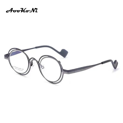 AooKoNi Monture de lunettes irrégulière en titane japonais pour homme et femme, monture optique ronde pour myopie, double effet fantôme, flou, astigmatisme