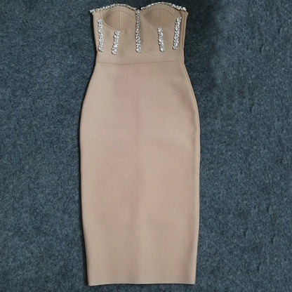 Vestido sexy sin tirantes para mujer, ceñido al cuerpo, con abalorios, elegante, para fiesta, noche, club, midi, ropa de verano y otoño, 2023