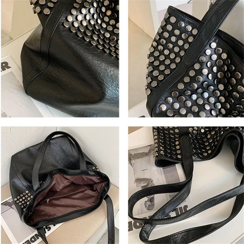 Bolso de hombro con remaches para mujer, de piel suave, de PU, de gran capacidad, informal, para compras, 2023