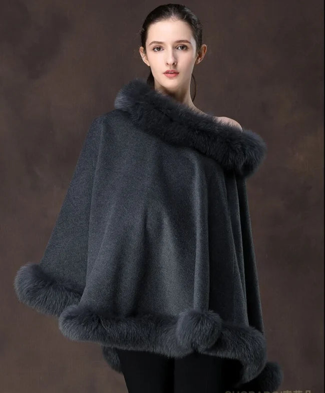 Women's Winter Cashmere and Wool Capes Best Fox Fur Trim Warm Wraps Poncho Party Dinner