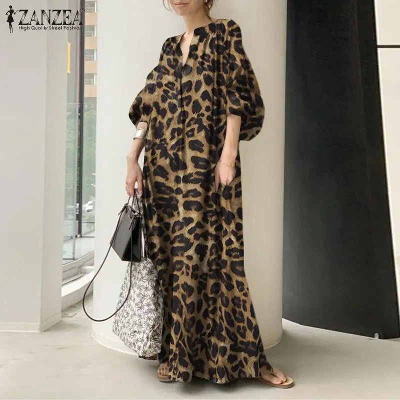 ZANZEA Fashion Leopard Printed Women's Maxi Dress 2024 Vacation Spring Puff Sleeve Long Vestidos Casual V Neck Robe Oversize