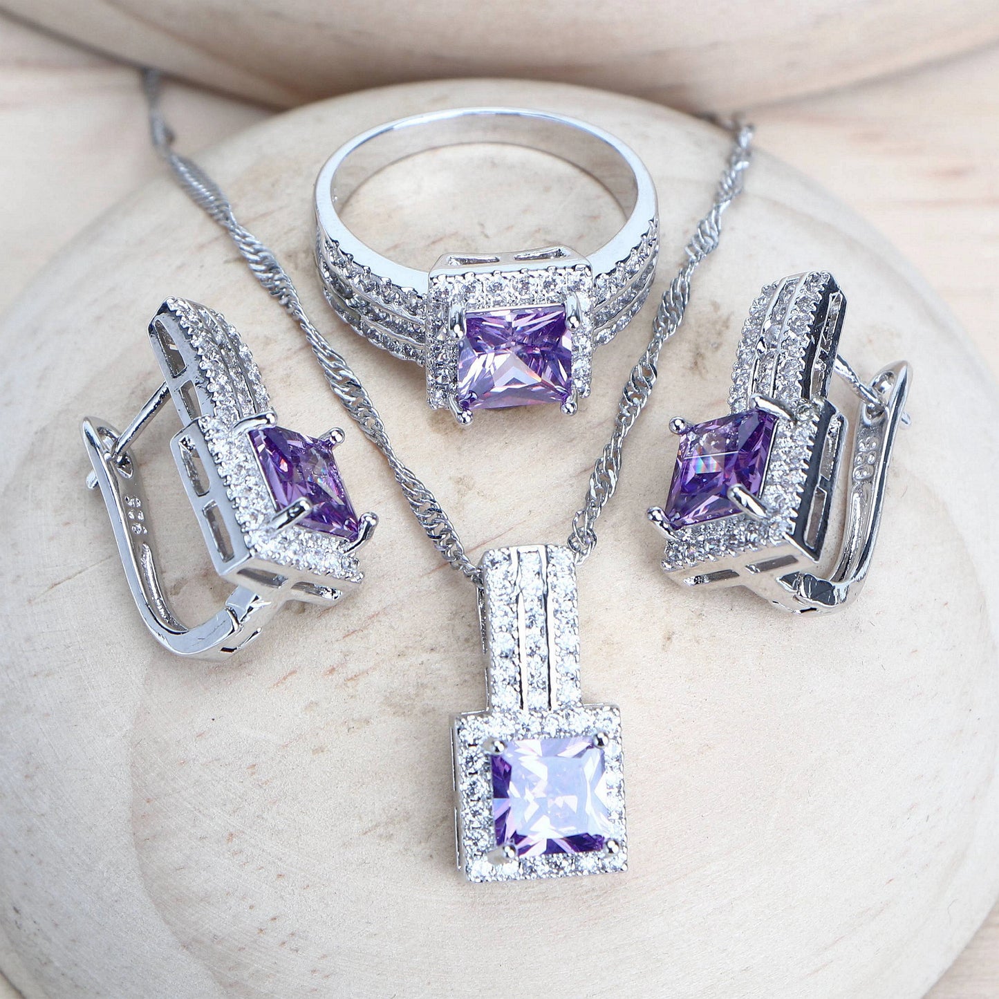 Parure de bijoux de mariée pour femme en argent 925 avec zircone violette, bijoux fantaisie raffinés, boucles d'oreilles, bagues, bracelets, pendentif, collier