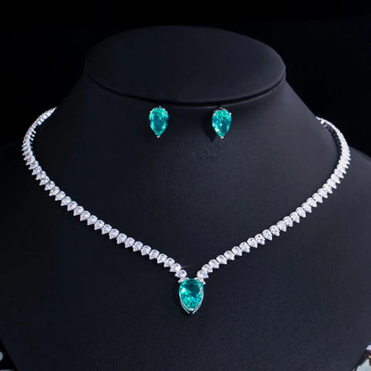 CWWZircons Elegant Big Light Green Water Drop CZ Crystal Necklace and Earrings Women Engagement Party Costume Jewelry Sets T560