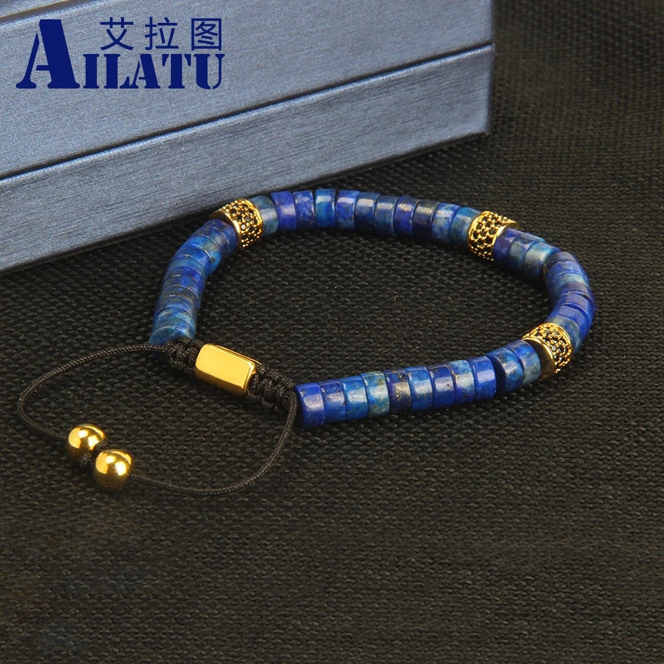 Ailatu Men's Macrame Bracelet with 6mm Lapis Lazuli & African Stone Beads Couples Jewelry Top Quality Free Logo Service