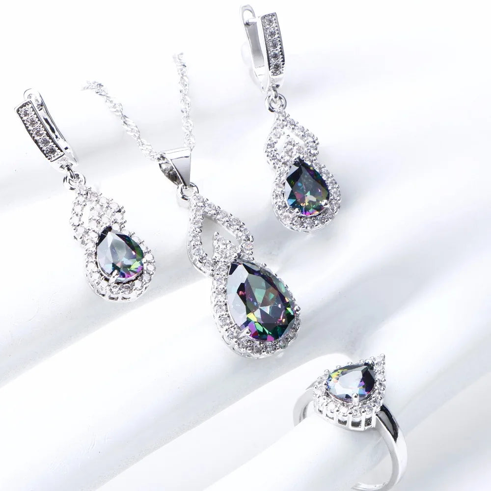 Ensembles de bijoux arc-en-ciel naturels en argent sterling 925, boucles d'oreilles de mariage avec pierres pour femmes, bracelet, collier, bagues, coffret cadeau