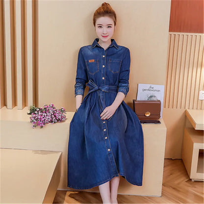 Spring and autumn style new Korean version of the lapel a-shaped mid-length long-sleeved fashion denim dress women