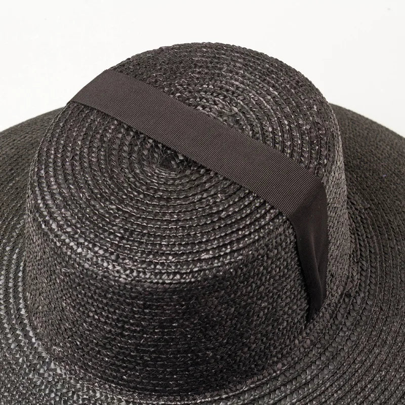 Chapeau de paille naturel teint à gros bord pour femme, vintage, personnalisé, plat, pour la plage, les voyages, protection solaire, noir, à lanières