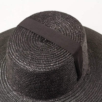 Sombrero de paja natural teñido con ala grande y parte superior plana personalizado vintage para primavera y verano para mujer, gorra de protección solar para viajes en la playa, sombrero para el sol con tiras negras