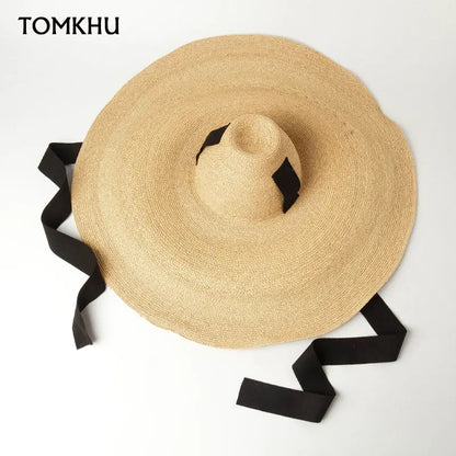 Sombrero de paja de gran tamaño para mujer, sombrero de ala ancha para el sol de verano, tejido a mano, con tirantes altos y cónicos, sombrero de playa grande de rafia, moda 2021