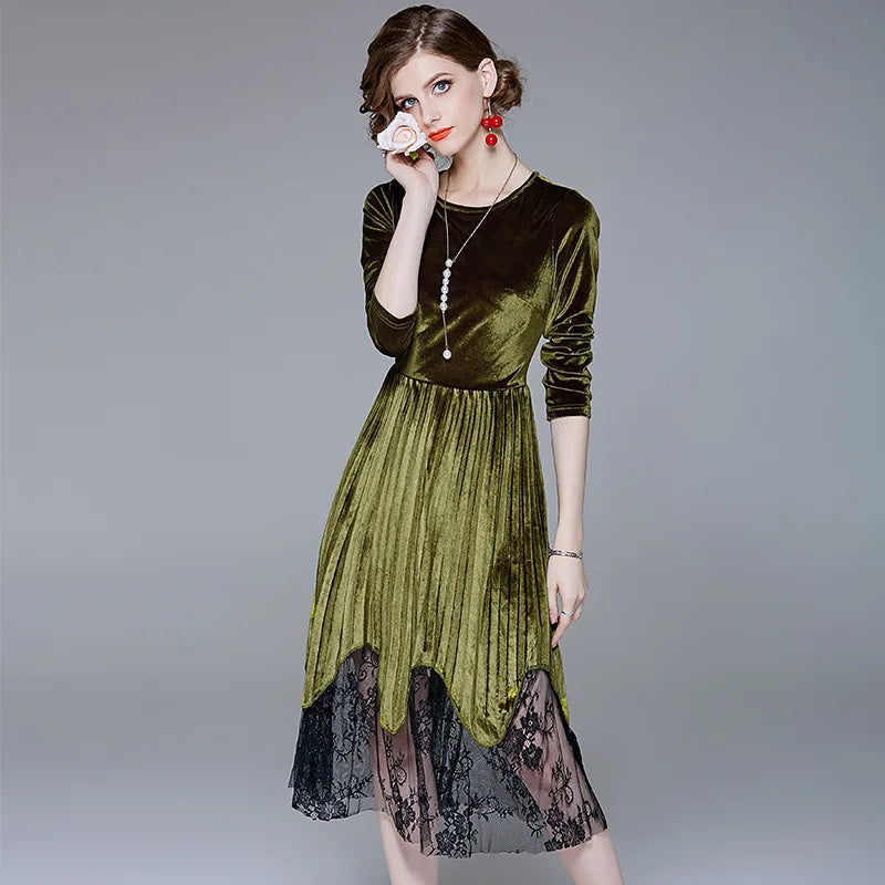 2023 autumn new velvet pleated lace long dress fit and flare Wrist sleeve Mid-Calf with lace O-Neck Dresses