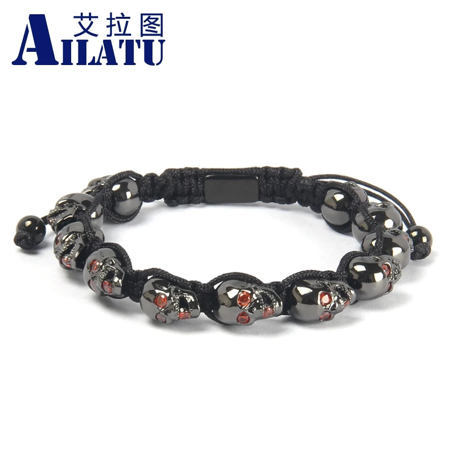 Pulsera de calavera para hombre de Ailatu, joyería de moda con circonita cúbica roja, servicio de logotipo gratuito, calidad superior