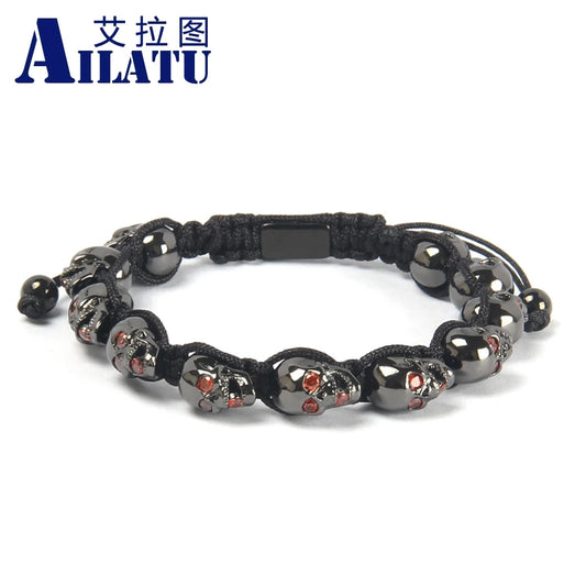 Bracelet tête de mort pour homme Ailatu - Bijoux tendance en zircone rouge - Service de logo gratuit - Qualité supérieure