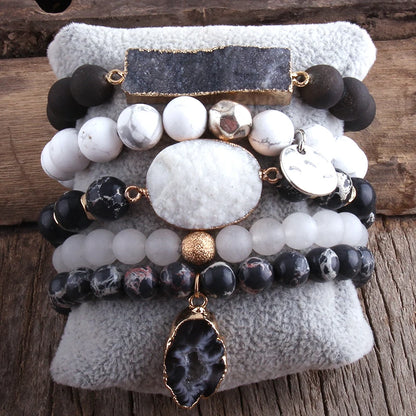 Nuevo conjunto de pulseras de cuentas bohemias de diseñador, juego de 5 pulseras y brazaletes de piedra natural y drusa para joyería de moda