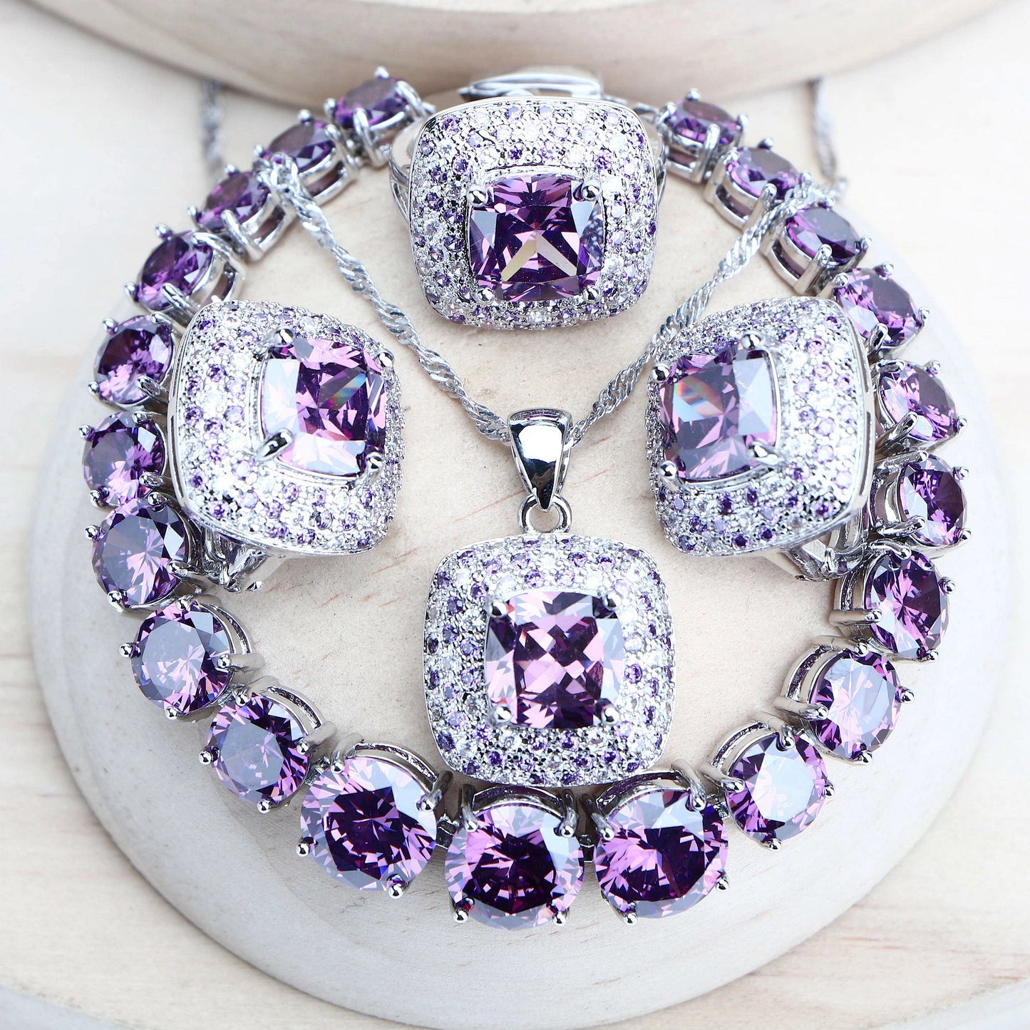 Parure de bijoux de mariée pour femme en argent 925 avec zircone violette, bijoux fantaisie raffinés, boucles d'oreilles, bagues, bracelets, pendentif, collier