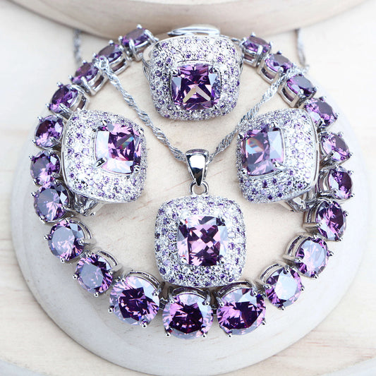 Parure de bijoux de mariée pour femme en argent 925 avec zircone violette, bijoux fantaisie raffinés, boucles d'oreilles, bagues, bracelets, pendentif, collier